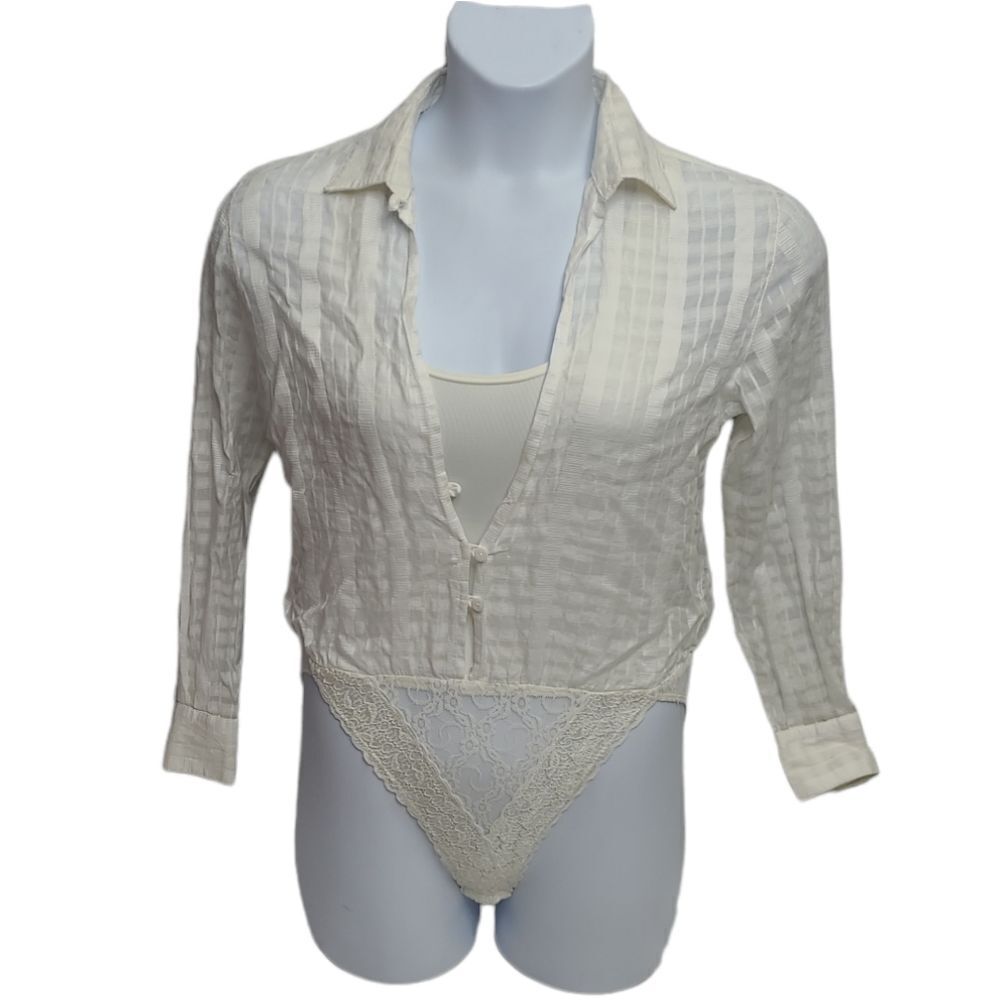 VINTAGE 90s white button‎ up shirt lace bottom bodysuit S